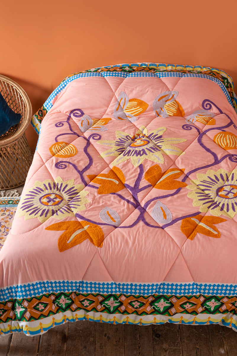 Pink Passion Flower Cotton Embroidered Quilt – Ian Snow Ltd