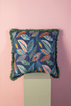 Denim Blue Leaves Embroidered Cushion Cover