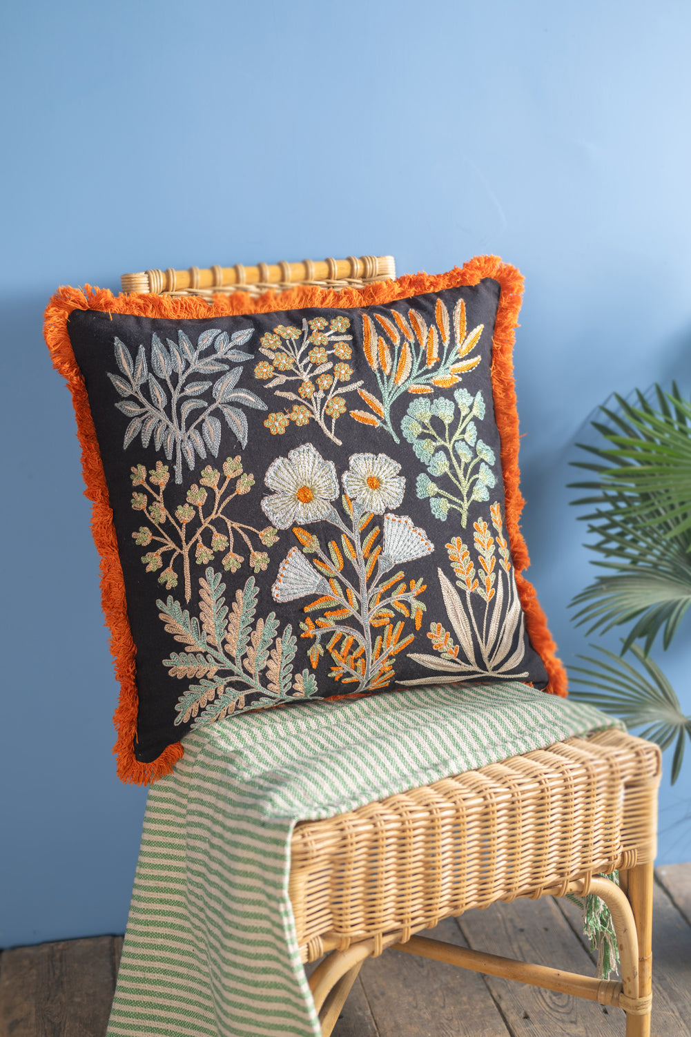 Jet Black Botanical Embroidered Cushion Cover