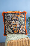 Jet Black Botanical Embroidered Cushion Cover