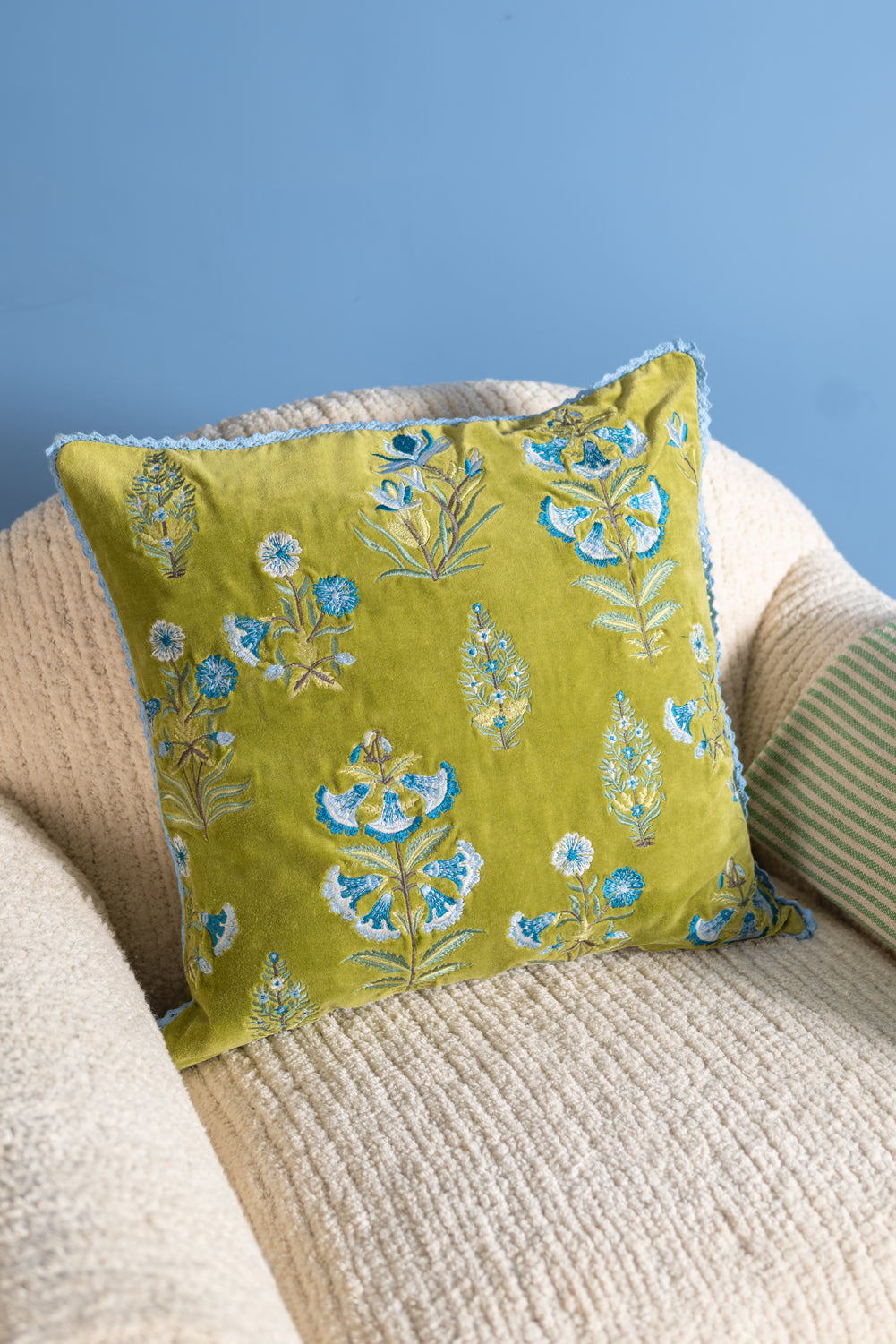 Sage Green Velvet Botanical Embroidered Cushion Cover