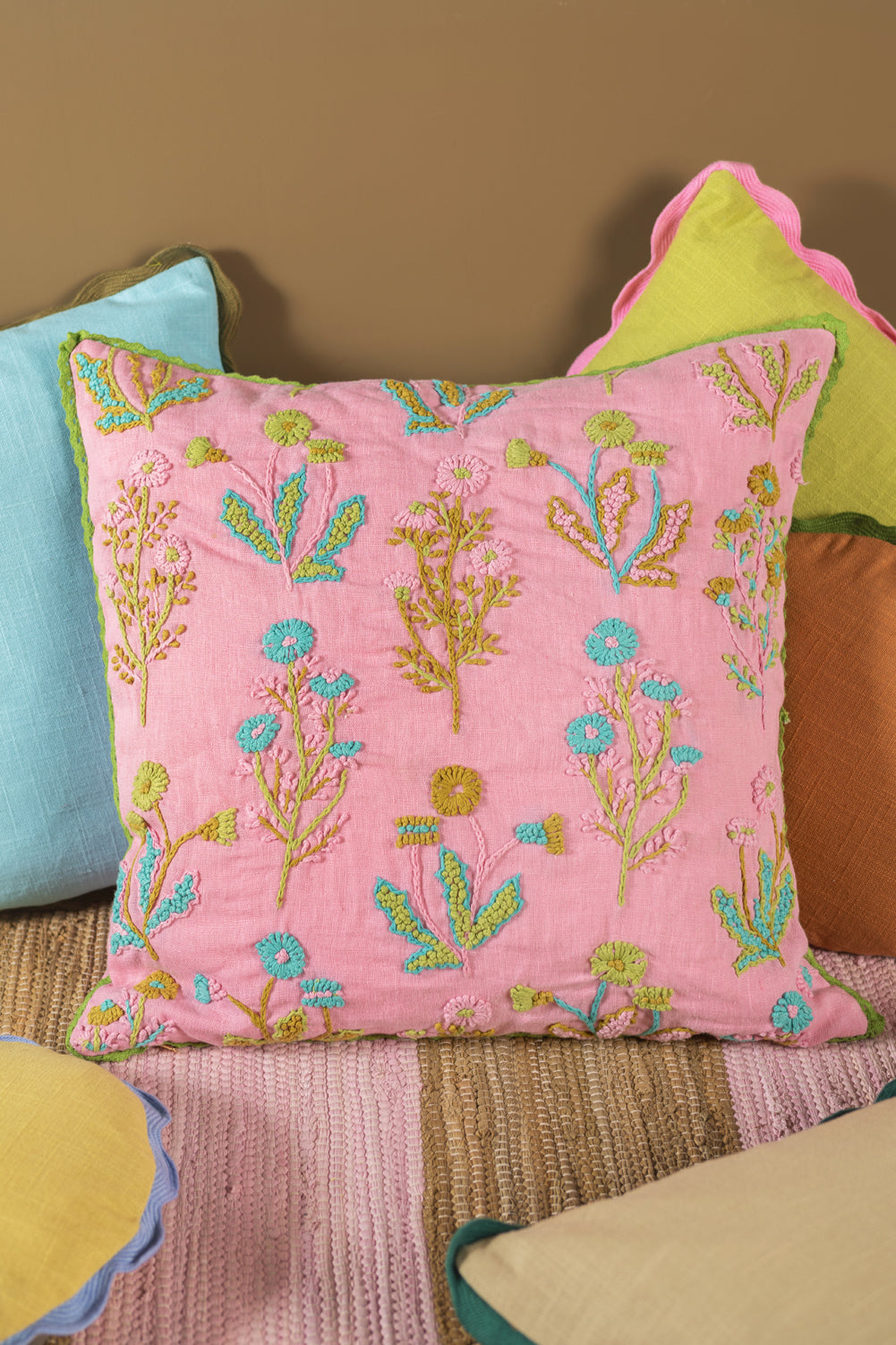 Pink Botanical Embroidered Cushion Cover