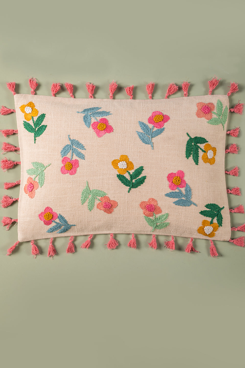 Cream Embroidered Flowers Cushion Cover