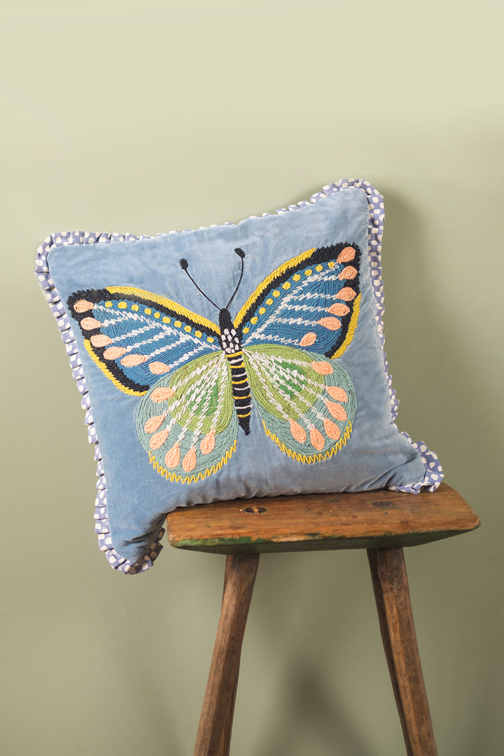 Blue Embroidered Butterfly Velvet Cushion Cover