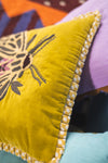 Ochre Embroidered Moth Velvet Cushion Cover