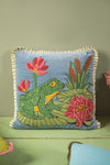 Blue Embroidered Frog Velvet Cushion Cover