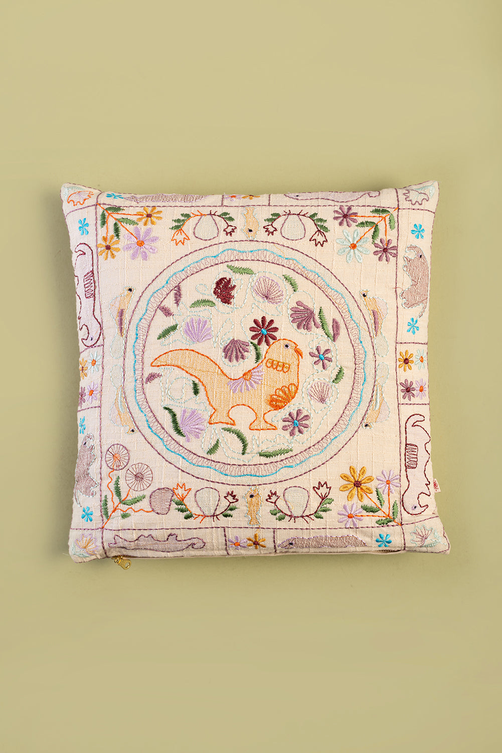 White Embroidered Bird Cushion Cover