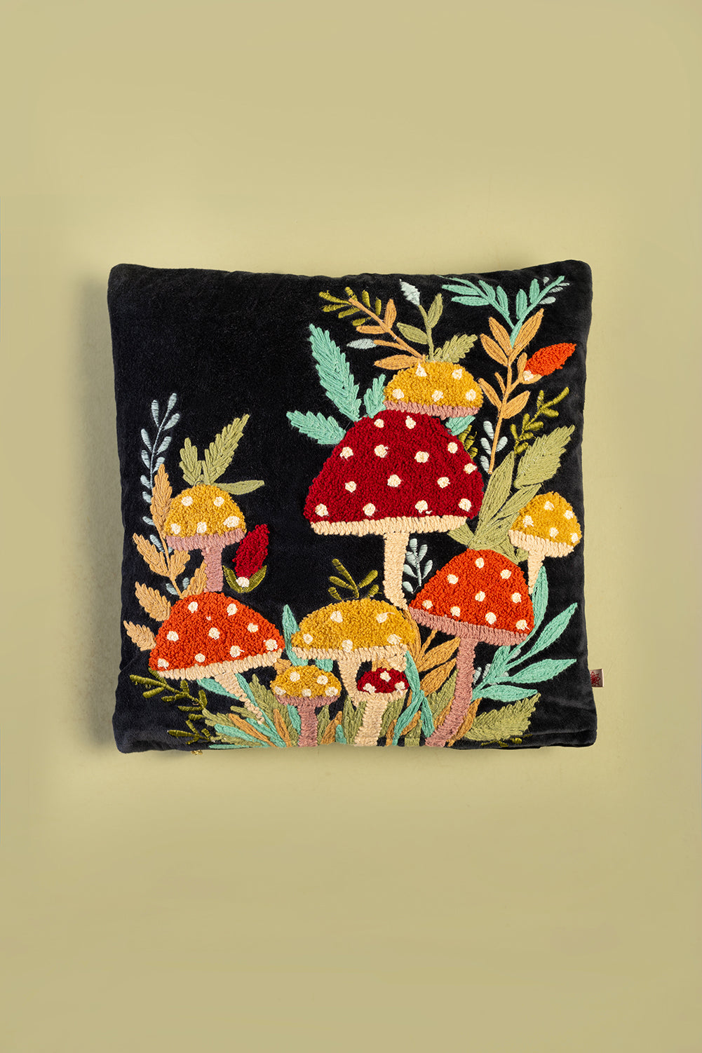 Black Embroidered Toadstools Cushion Cover