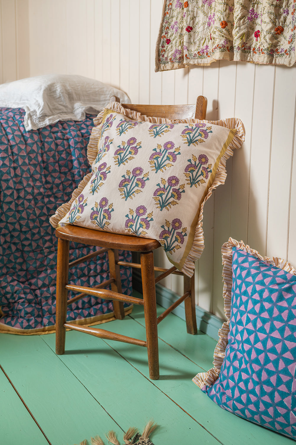 Cornflower & Lilac Block Print Cushion Cover