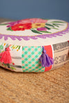 Floral Embroidered & Patch White Pouffe