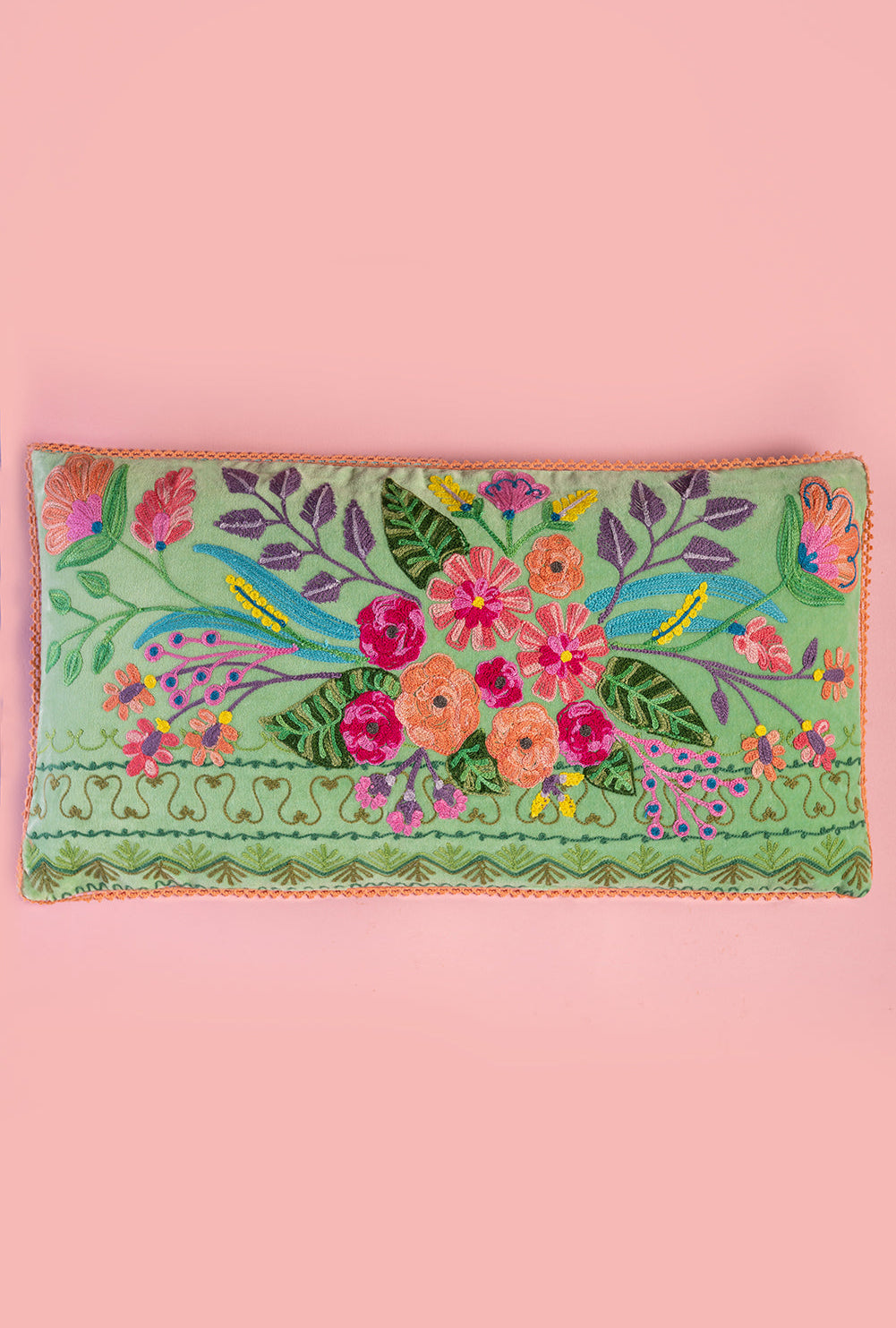 Sage Green Floral Embroidered Cushion Cover