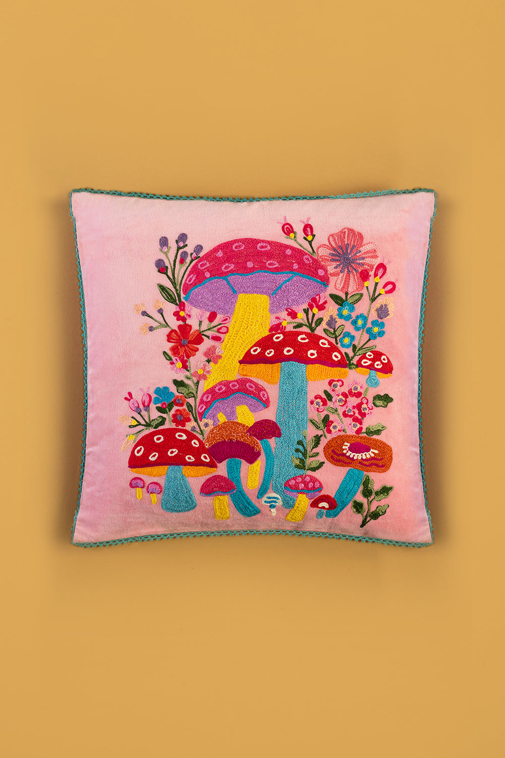 Pink Embroidered Toadstools Cushion Cover