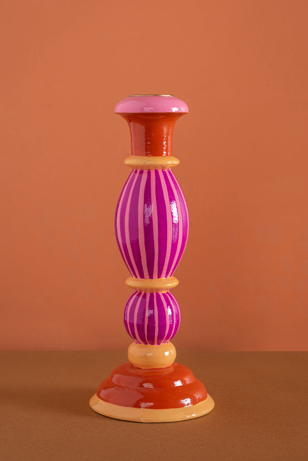 Pink Stripe Hand Painted Wooden Candle Holder