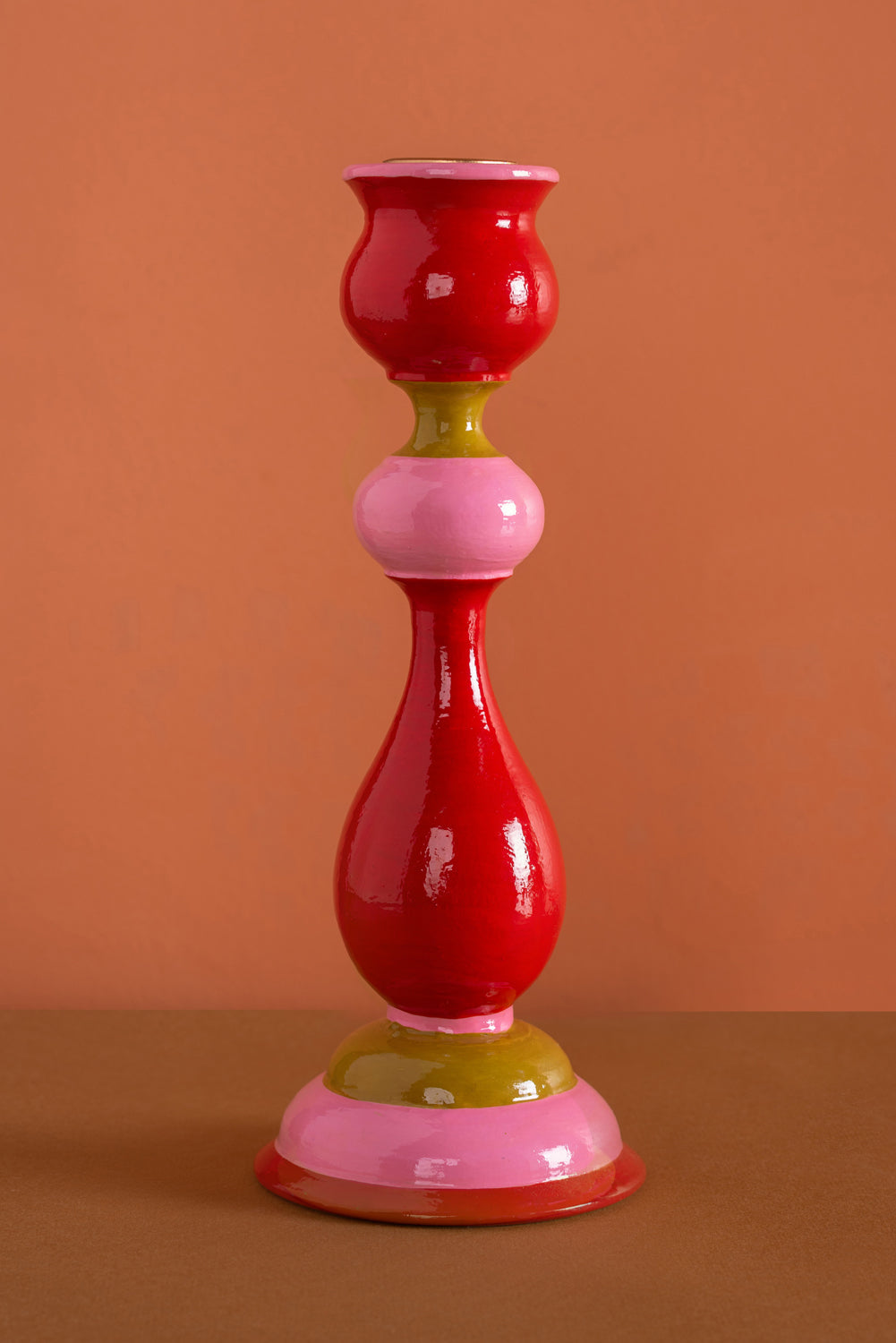 Red & Pink Hand Painted Wooden Candle Holder