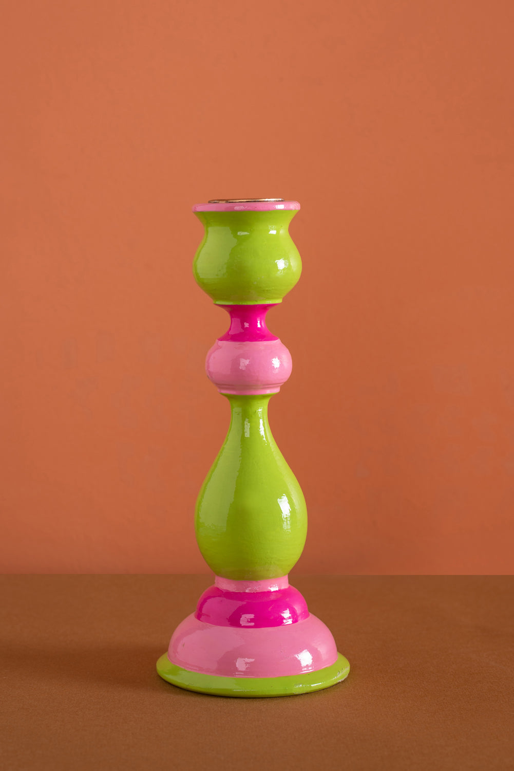 Pink & Green Hand Painted Wooden Candle Holder