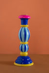 Blue Stripe Hand Painted Wooden Candle Holder