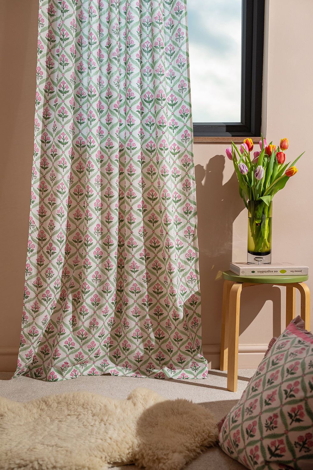 Taffy Pink Florals on White Block Print Curtain