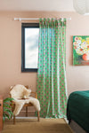 Taffy Pink Florals on Laurel Green Block Print Single Curtain