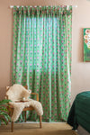 Taffy Pink Florals on Laurel Green Block Print Single Curtain