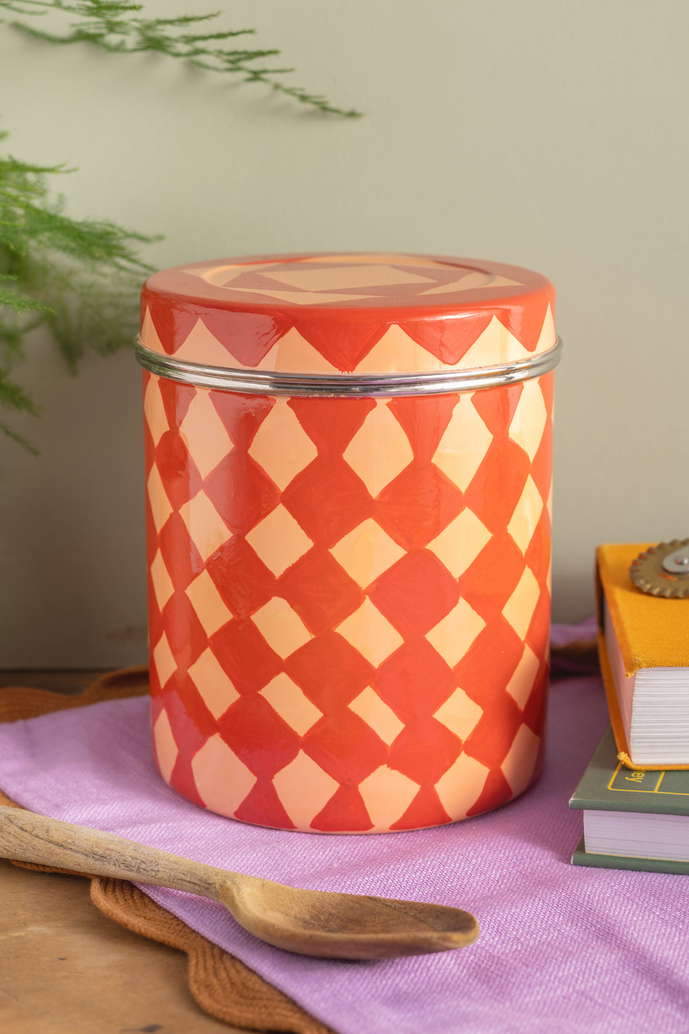 Red & Pink Harlequin Storage Tin