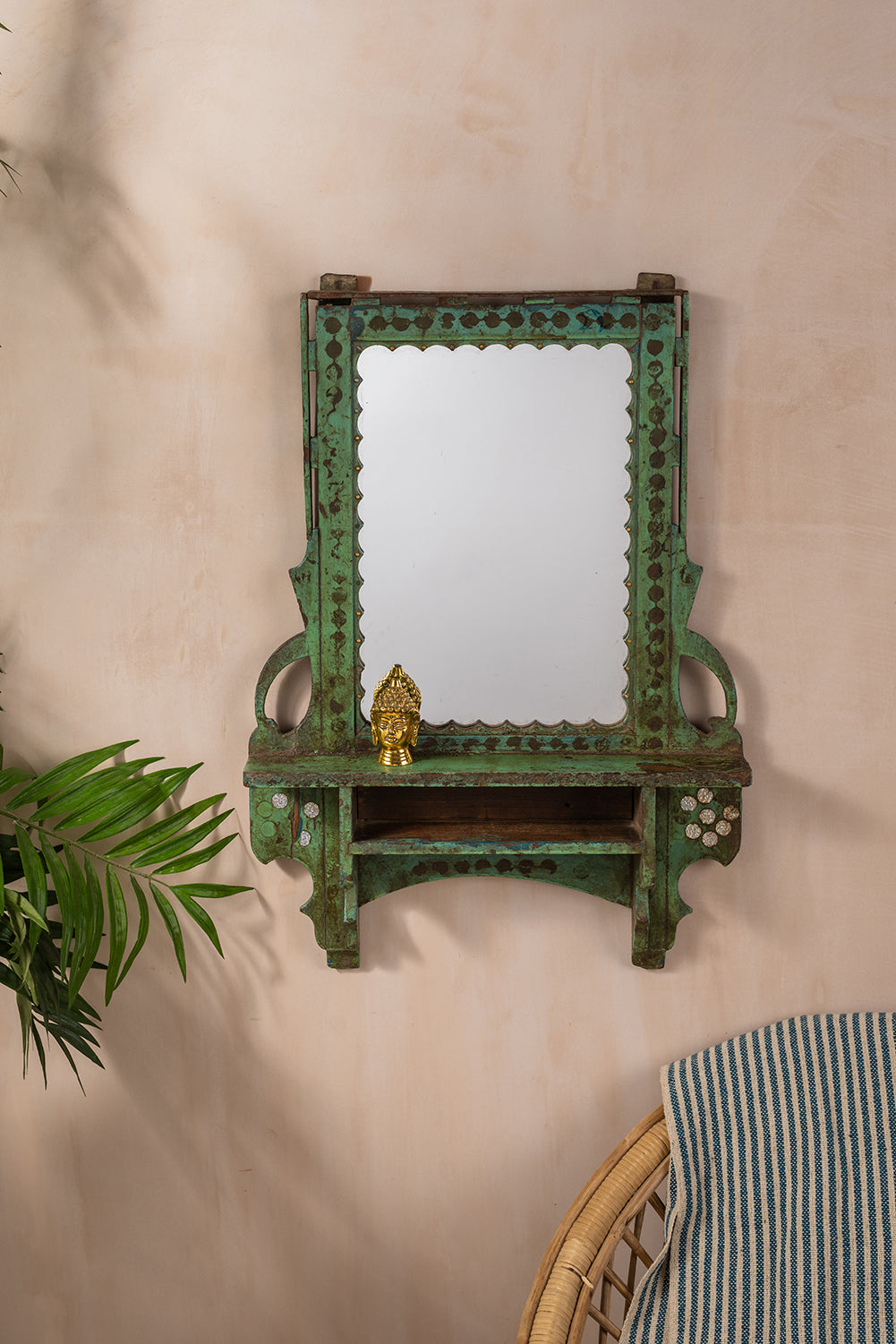 Vintage Green Carved Wall Mirror <p>W:46cm D:7cm H:64cm </p>