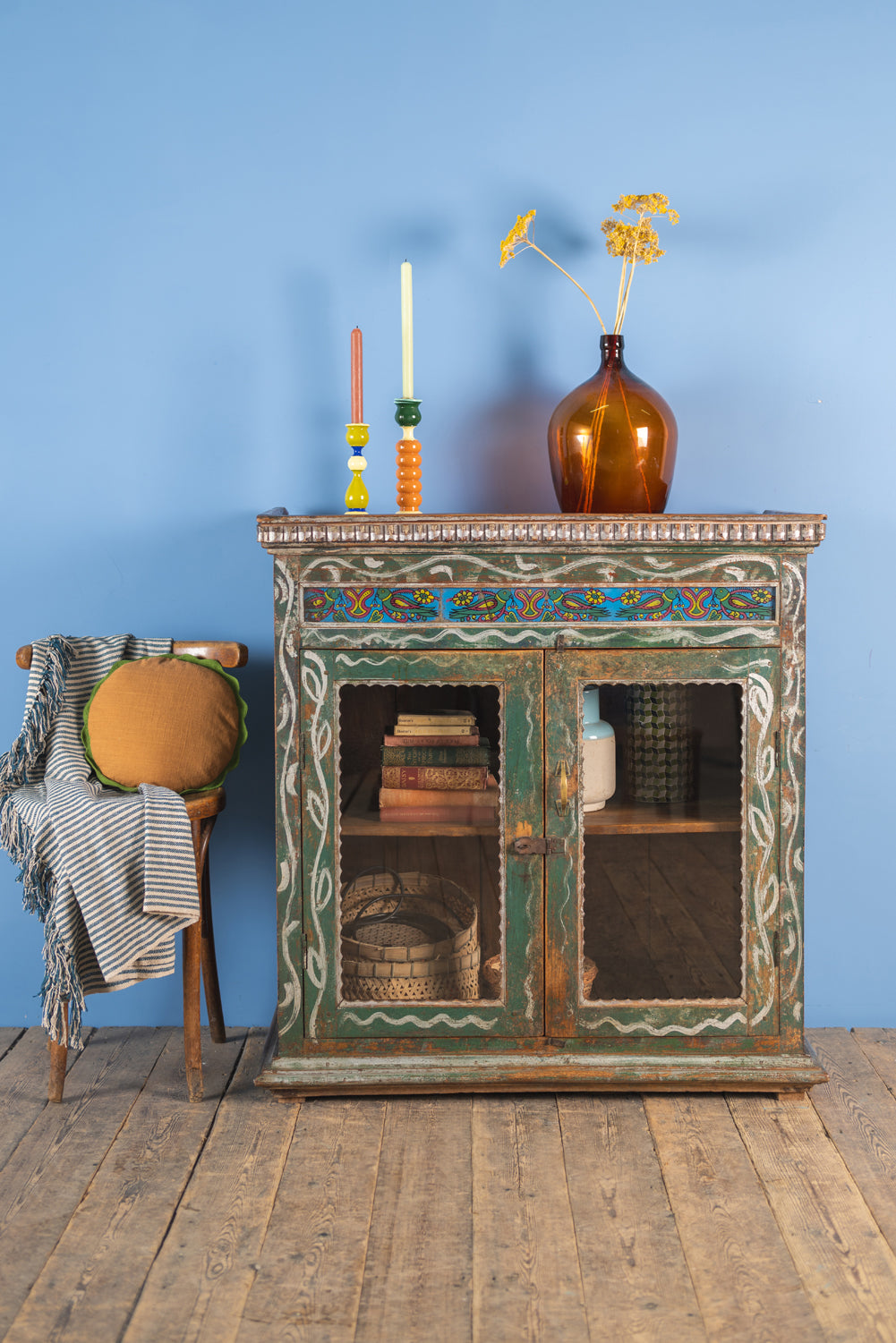 Painted Vintage Wooden Cabinet with Tiles <p>W:103cm D:50cm H:107cm </p>