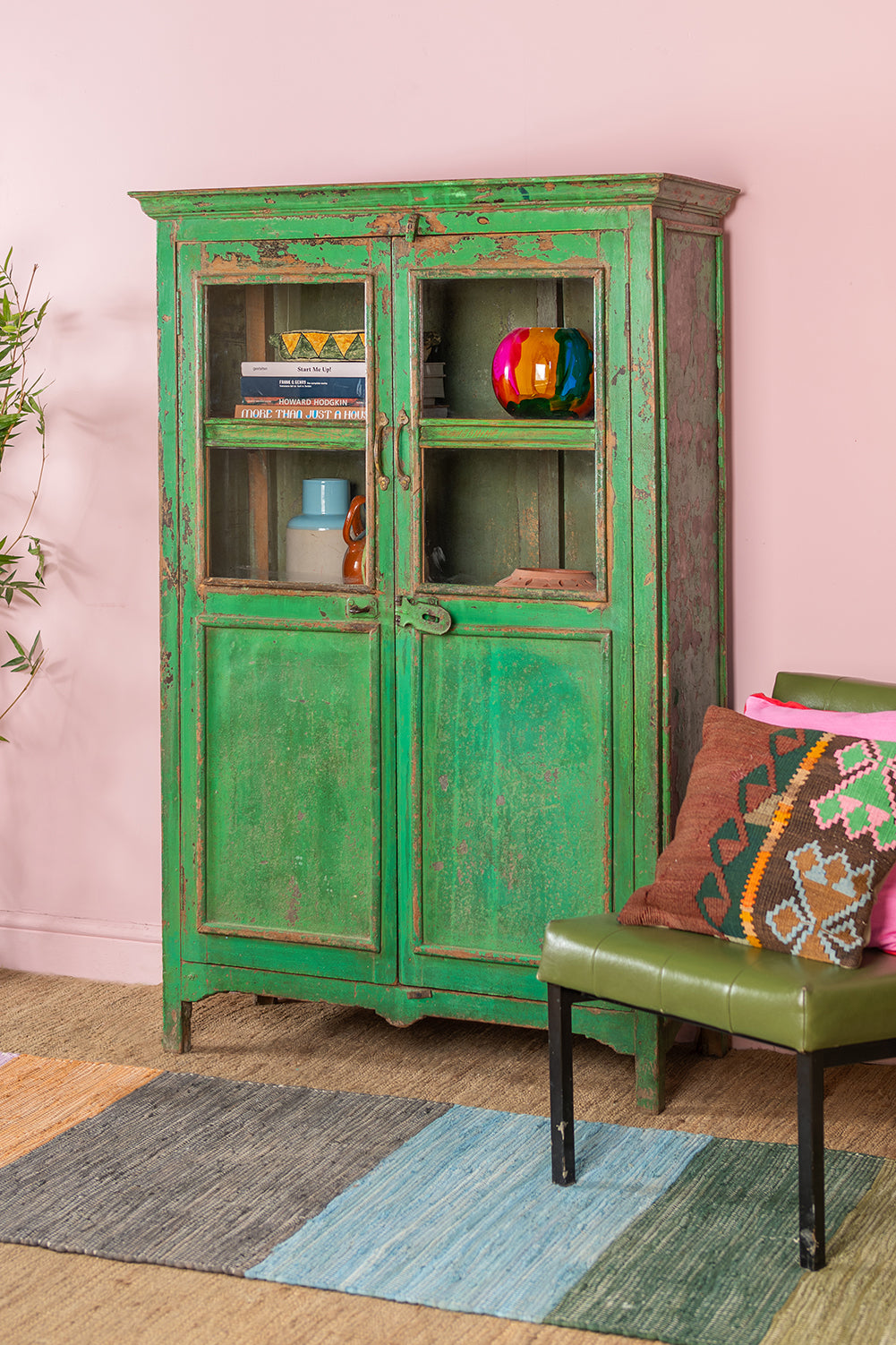 Vintage Green Glazed Cupboard <p>W:100cm D:40cm H:155cm </p>