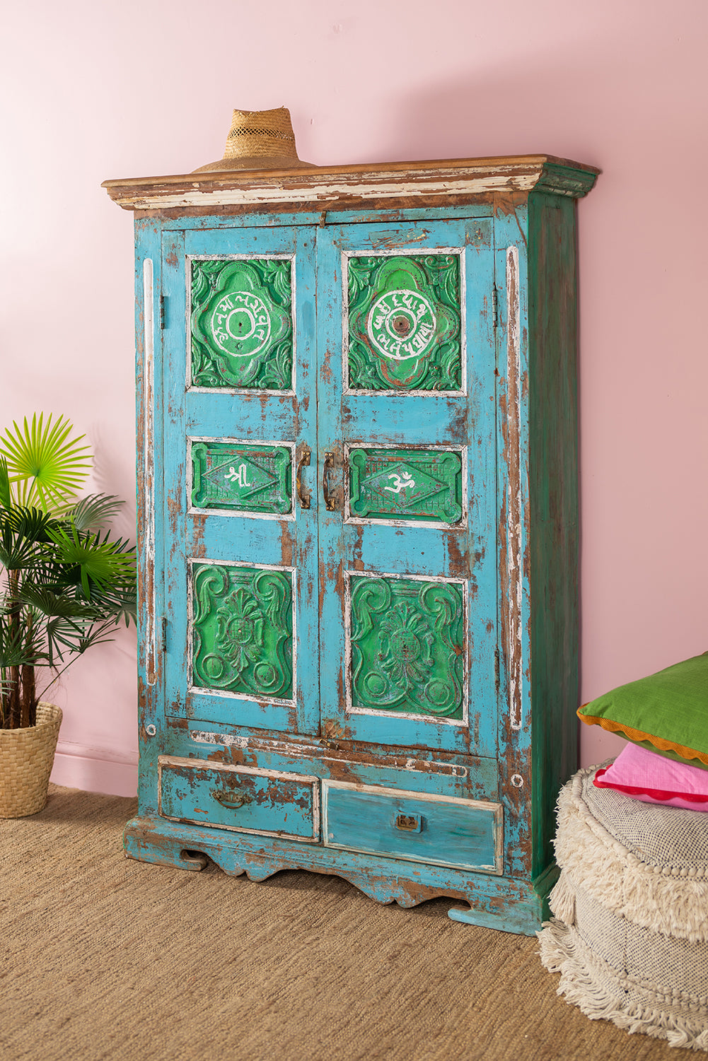 Blue & Green Vintage Carved Almirah <p>W:105cm D:39cm H:161cm </p>