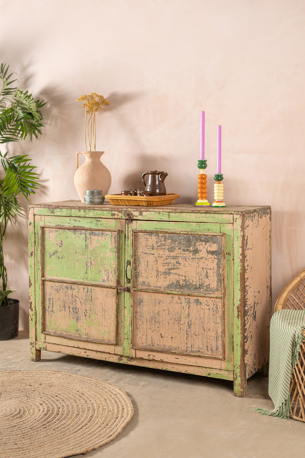 Green Vintage Wooden Cupboard <p>W:132cm D:42cm H:92cm </p>