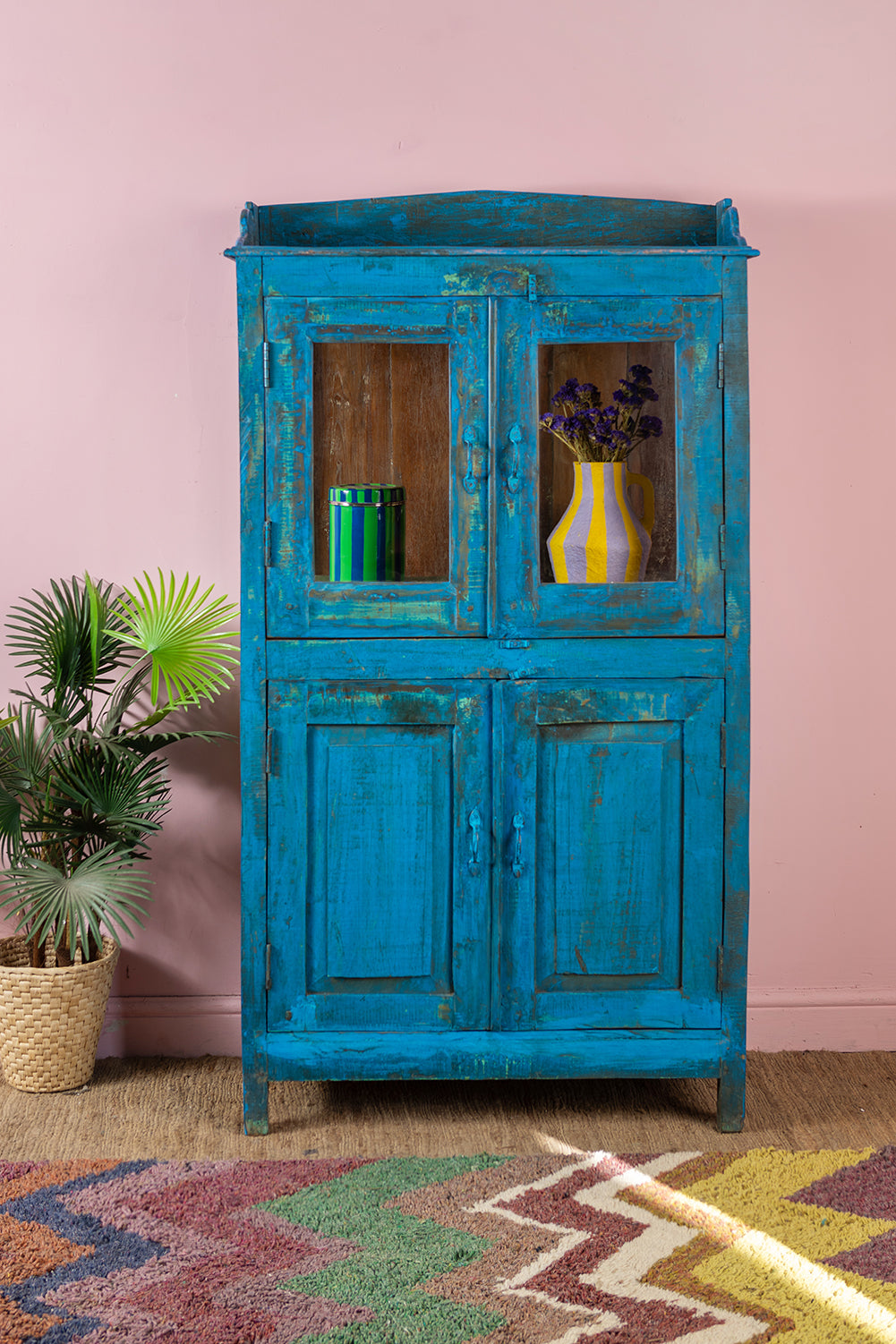 Blue Vintage Glazed Cupboard <p>W:69cm D:41cm H:183cm </p>