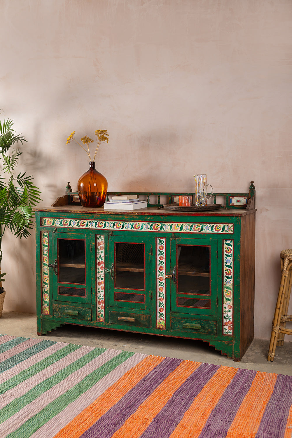 Green Vintage Sideboard with Tiles <p>W:170cm D:52cm H:127cm </p>