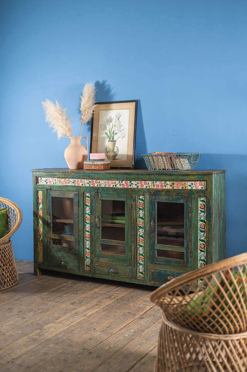 Green Vintage Sideboard with Tiles <p>W:175cm D:38cm H:101cm </p>