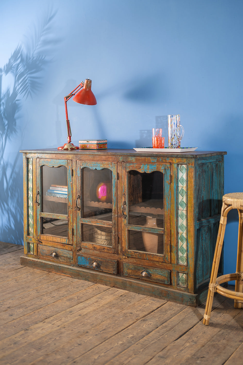 Blue & Yellow Vintage Sideboard with Tiles <p>W:165cm D:49cm H:100cm </p>