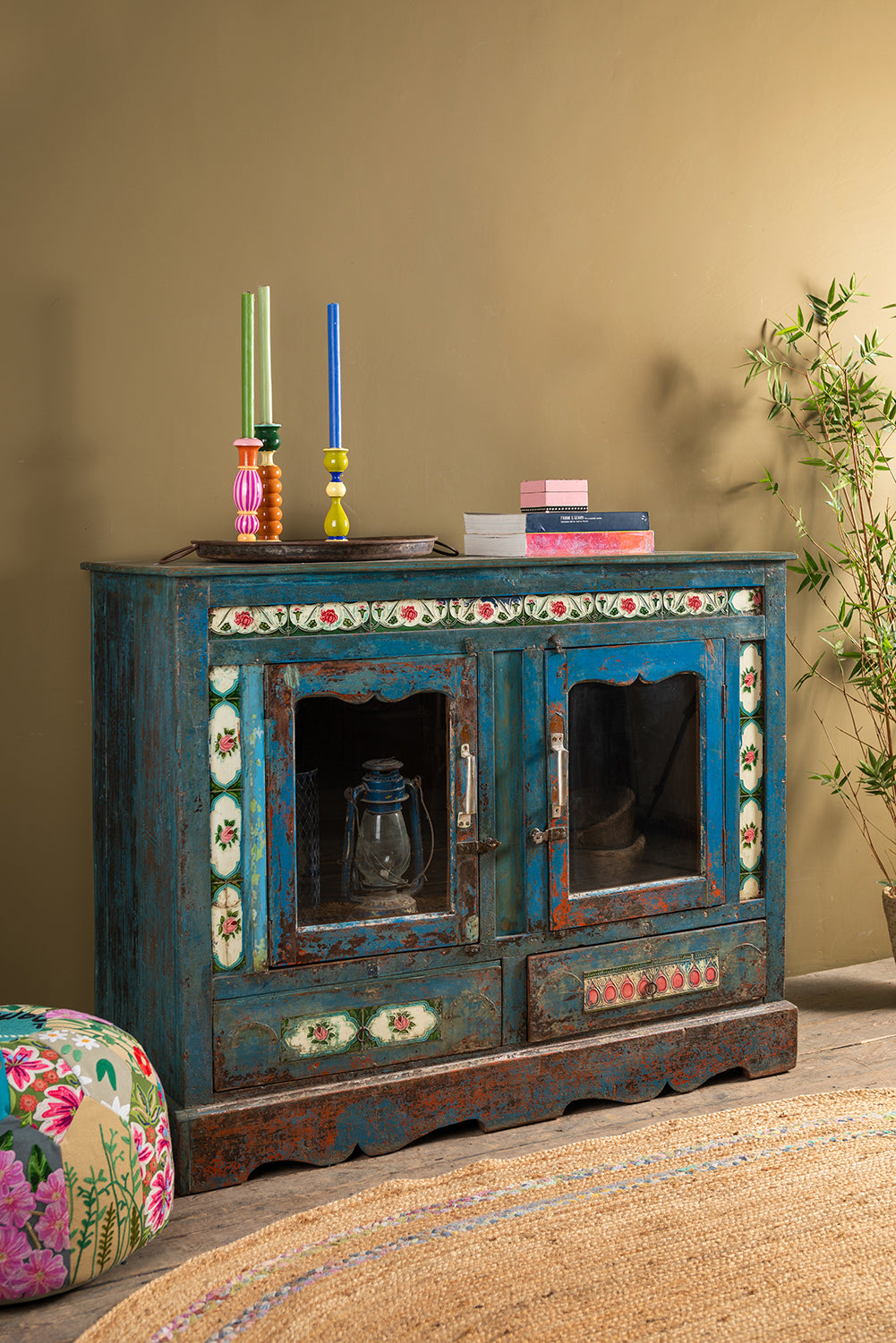 Vintage Blue Cabinet with Tiles <p>W:127cm D:53cm H:102cm </p>