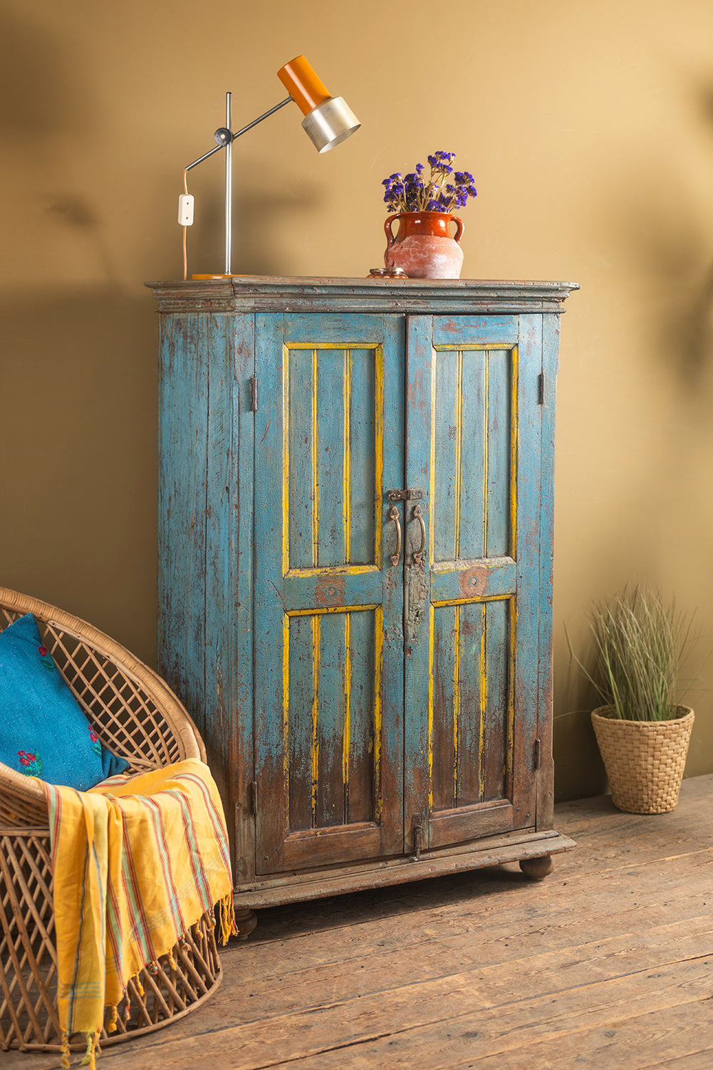 Vintage Blue & Yellow Wooden Cupboard <p>W:82cm D:46cm H:132cm </p>