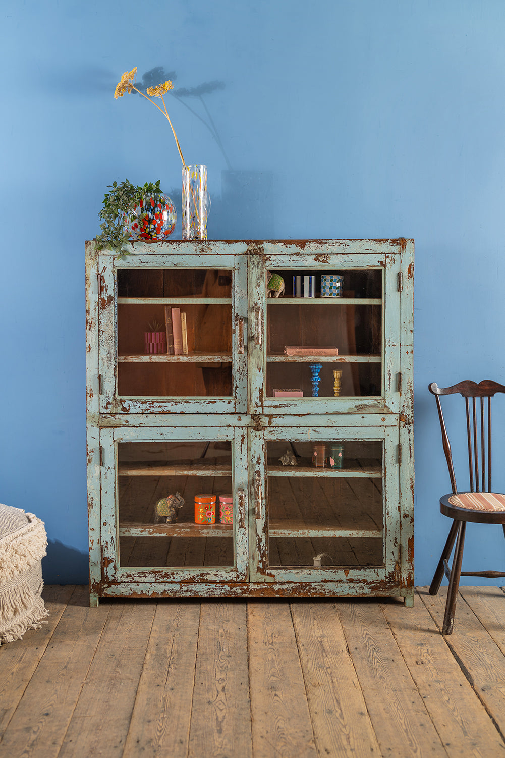 Pale Blue Vintage Wall Double Showcase <p>W:112cm D:19cm H:127cm </p>